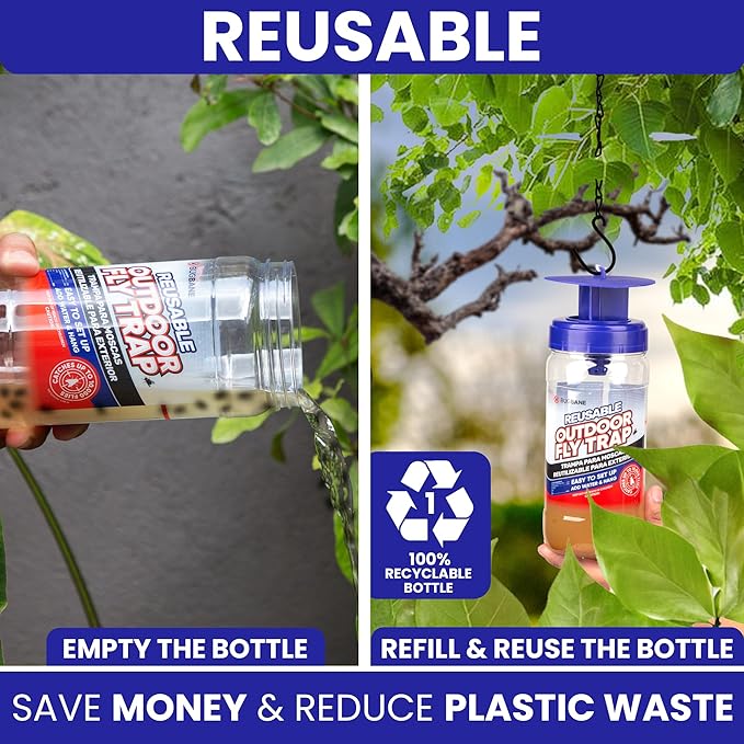 2 Fly Traps Outdoor Fly Trap for Patio with 4 Non-Toxic Dissolvable Bait Refills. Reusable Hanging Bug Catcher Killer for All Filth Flies for Outside Bug Control Yard Ranch. Hanging Chains Included