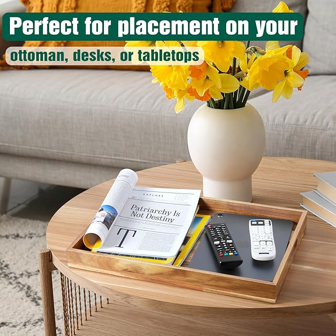 17 Inch Acacia Wood Serving Tray with Handles - Large Wooden Tray for Ottoman, Breakfast in Bed, Dinner, Coffee Table - Decorative Rectangular Tray for Living Room Bedroom Entryway and Kitchen