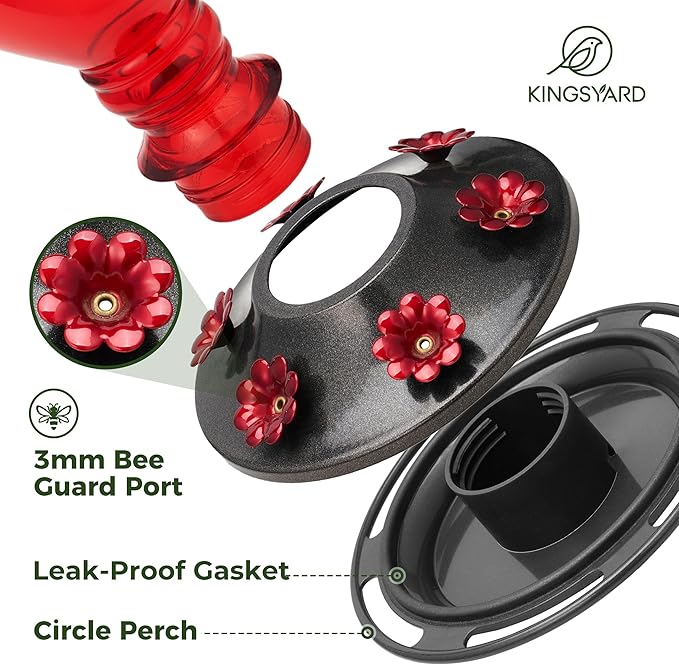 Kingsyard Glass Hummingbird Feeder - 6 Bee Guard Feeding Ports & Ant Moat, 24 oz Leak Proof, Wild Bird Feeder for Outdoors Hanging, Easy to Clean & Refill, Garden Yard Décor, Red