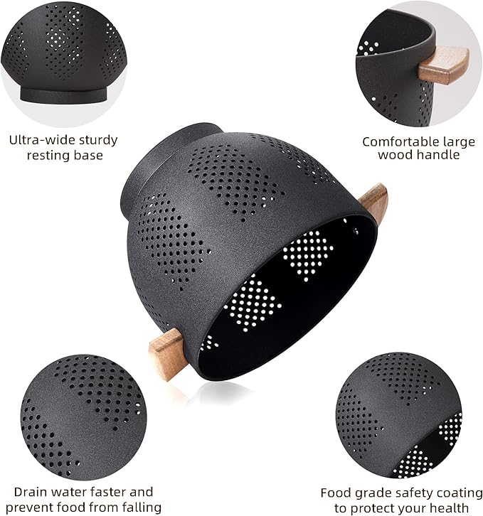 Metal Colander with Wood Handle and Stable Base, Powder Coated Steel Kitchen Strainer Basket for Draining Pasta, Vegetable and fruit (7quart,Matte Black)