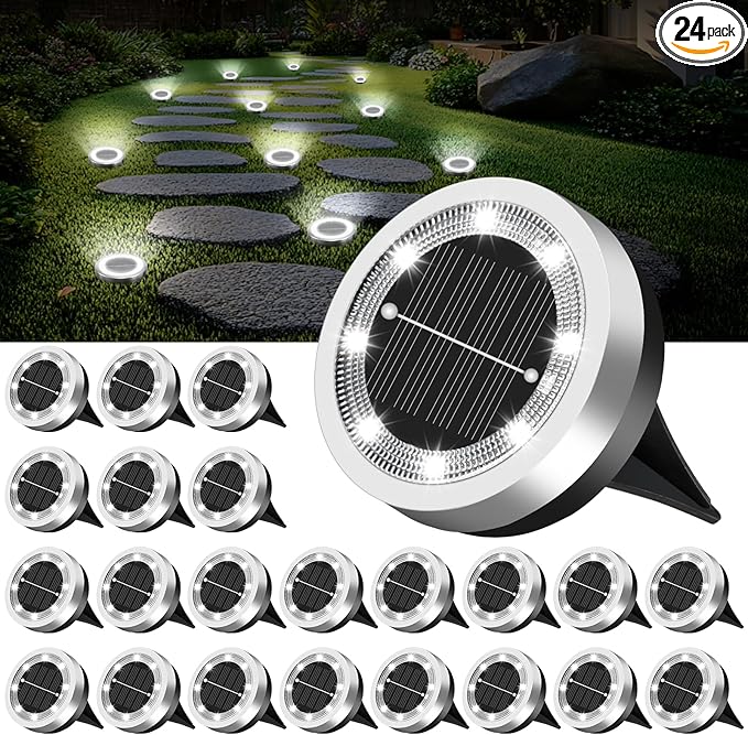 Mini Solar Ground Lights Outdoor 24 Pack Waterproof Upgraded Anti-Rust Solar Flat Garden Lights Stainless Steel Solor Powered Disc Landscape Light for Pathway Walkway Yard Lawn Patio-Cool White