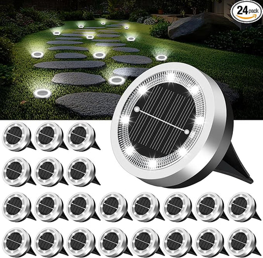 Mini Solar Ground Lights Outdoor 24 Pack Waterproof Upgraded Anti-Rust Solar Flat Garden Lights Stainless Steel Solor Powered Disc Landscape Light for Pathway Walkway Yard Lawn Patio-Cool White