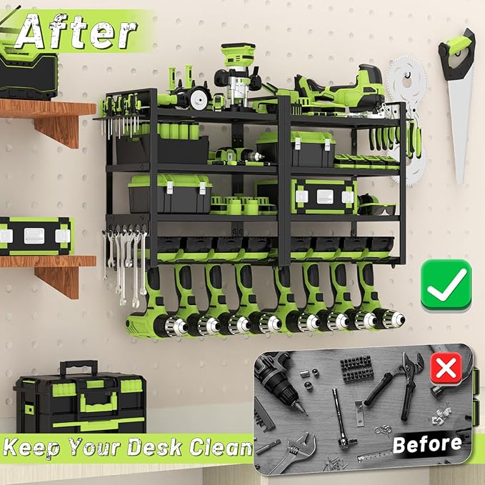 Power Tool Organizer Wall Mount,4 Layers Capacity Heavy Duty Metal Storage Rack with 8 Drill Holders for Drills Cordless Tools,Garage Organizer Suitable Workshop Basement