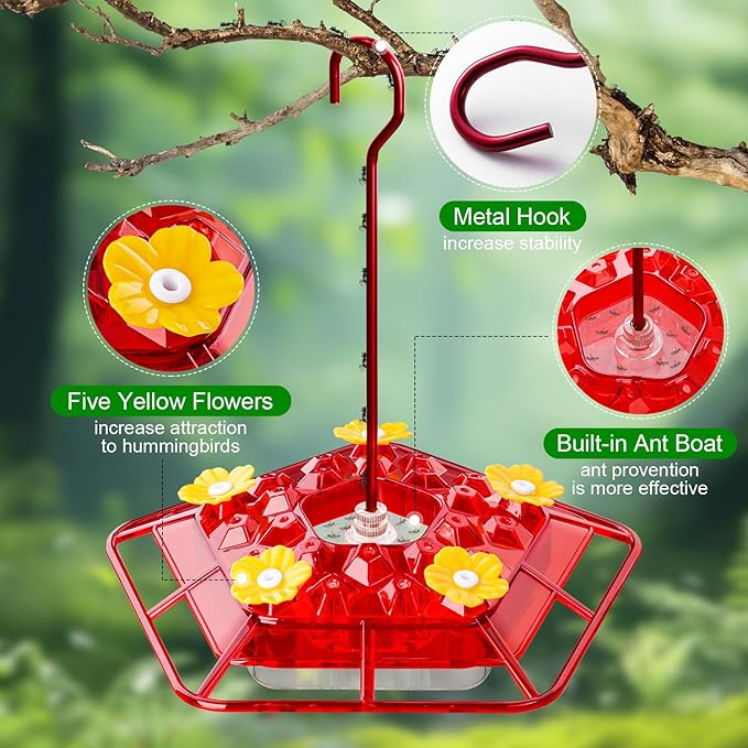 WINTS 25 Feeder Ports Hummingbird Feeder for Outdoors Hanging 10 OZ Plastic Hummingbird Feeders with Perch Built-in Ant Moat for Garden Patio Lawn Window Decor Gifts for Women Mom,Red