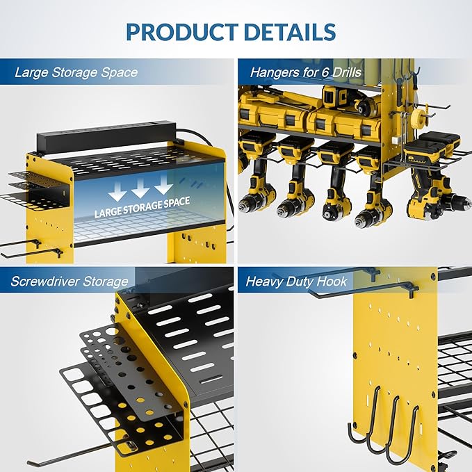 Power Tool Organizer with Charging Station, 4 Layers Garage Storage Rack with 6 Drill Holders, Father's Days Gift For Dad, Wall Mount Garage Organizer Built in 8 Outlets Power Strip, Yellow