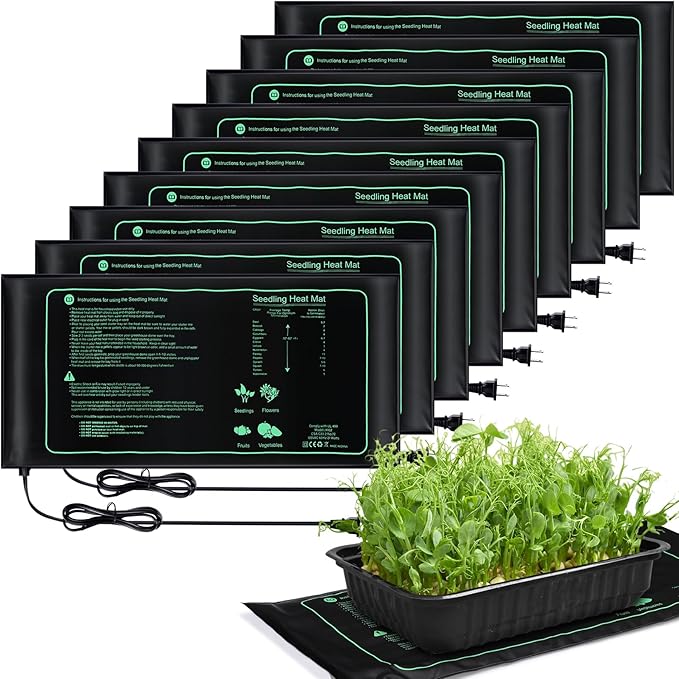 ROCEEI 10 Pack Durable Seedling Heat Mat 10 x 20.75 Waterproof Plant Heating Pad Warm Hydroponic Grow Mat for Greenhouse Grow Seed Starting Plant Germination (Black,Green)