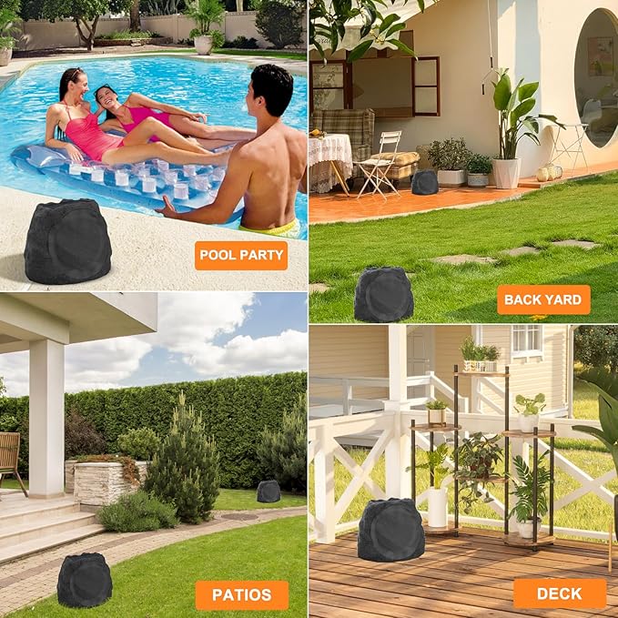 Outdoor Speakers Solar Powered & USB-C Charging, Rock Speaker TWS Pairing Wireless Outdoor Speaker Bluetooth 5.4, LED Light Show, Waterproof, ideal for Backyard BBQ, Garden, Poolside(2-Pc,Black)