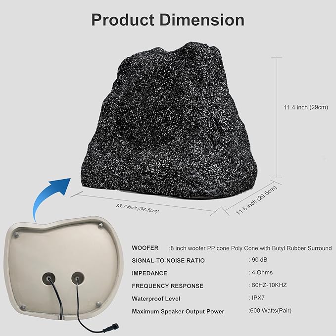 STUDIOFINIX 8" Outdoor Rock Bluetooth Speakers Waterproof Powerful 600 Watt Deep Bass All Weather Durable for Outdoor Garden Pool Patio Deck Porch BBQ (1 Pair)