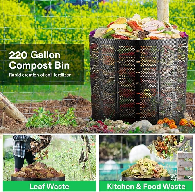 VIVOSUN 220 Gallon Outdoor Compost Bin, Expandable Composter, Easy to Setup & Large Capacity for Backyard, Lawn (Black with Gloves)