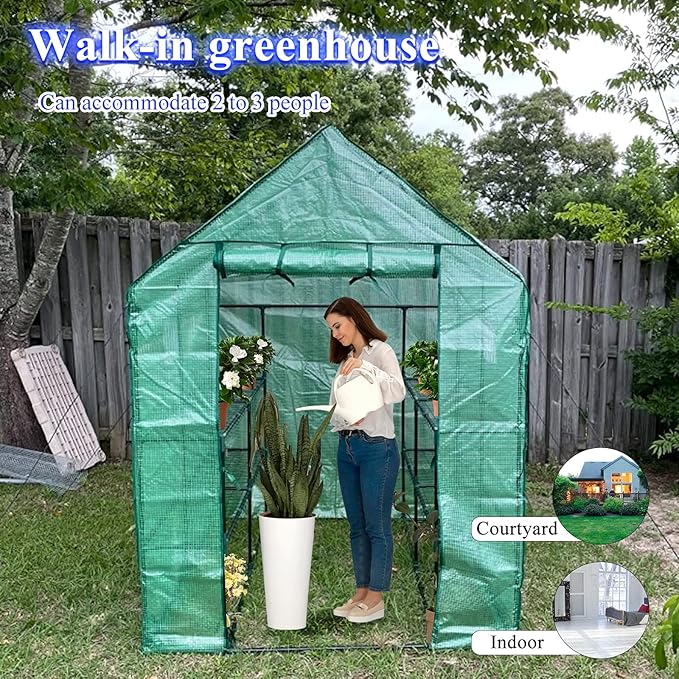 Greenhouses for Outdoors, PE Walk in Greenhouse with 2 Side Mesh Windows, Portable Green House with Anchors & Ropes Stands Up to Wind, 56"x56"x78"Green