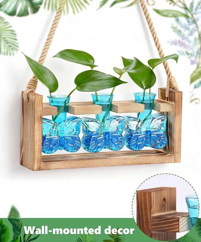 Nacome Plant Terrarium with Wooden Stand,Butterfly-Shaped Glass Vase Planter Propagation Station for Home Office Decor, Unique Gifts for Plant Lovers Women Mom(Blue)