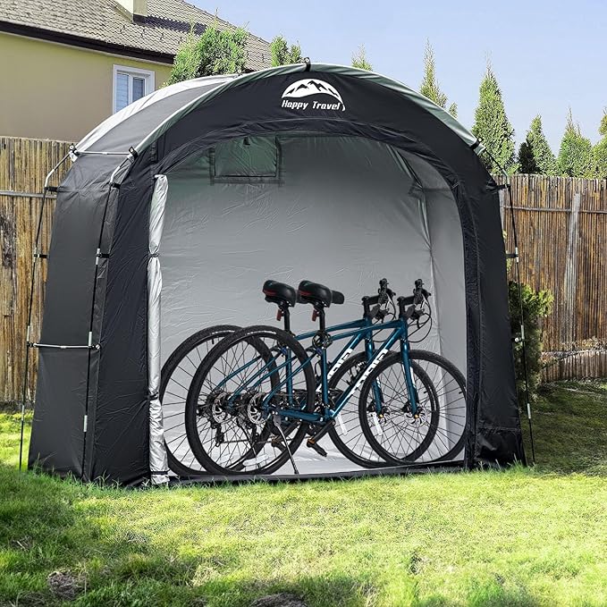 Happy Travel Bike Storage Shed Tent, Waterproof Portable Bicycle Cover with 30% More Top Storage Space for 2/3/4/5 Bikes,Clips Easy Setup Outdoor Sheds Shelter for Motorcycle, Garden Tools, Lawn Mower