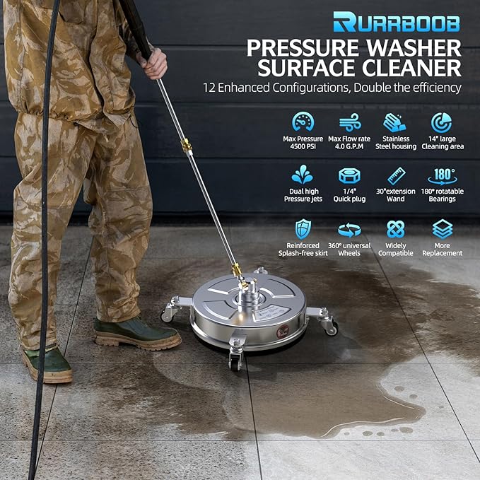 14" Pressure Washer Surface Cleaner 4500 PSI with 304 Industrial-grade Stainless Steel Housing,1/4” Quick Plug, 4 Universal Wheels, 2 x 15" Extended Wands, 2 Replacement Nozzles, 4 Spray Nozzle Tips