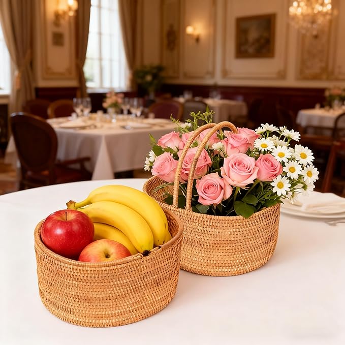 15"×11"×6.3" Rattan Picnic Basket with Handles, Large Oval Gift Baskets, Hand-Woven Basket for Fruit, Empty Gift Basket for Festival, Wedding, Camping