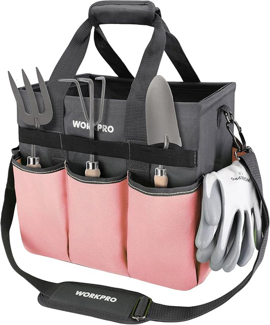 WORKPRO Garden Tool Bag, Heavy Duty Gardening Tote Bag Organizer with 10 Pockets and Long Adjustable Shoulder Strap, Standable Garden Home Tool Kits Organizer, Pink
