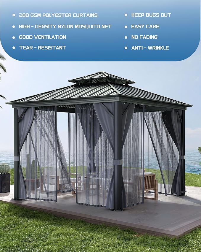 12x12 Ft Hardtop Gazebos with Heavy Duty Double Roof, Nettings and Curtains Galvanized Steel Outdoor Gazebos for Patio, Backyard, Deck, Lawn (Gray)