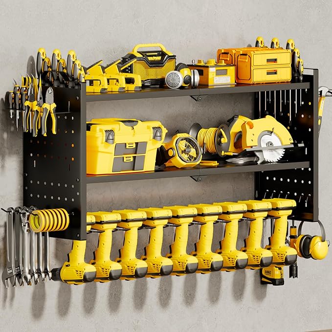 Power Tool Organizer Wall Mount with 9 Drill Holder, Cordless Tool Organizer and Storage Rack, Garage Heavy Duty Metal Shelf Organization for Battery, Tool Box, Hammer, Screwdriver（Black）