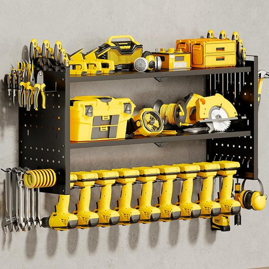 Power Tool Organizer Wall Mount with 9 Drill Holder, Cordless Tool Organizer and Storage Rack, Garage Heavy Duty Metal Shelf Organization for Battery, Tool Box, Hammer, Screwdriver（Black）