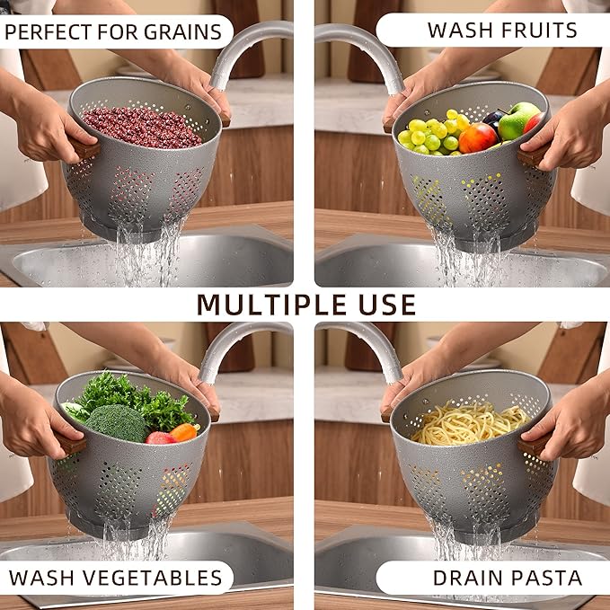 Metal Colander with Wood Handle and Stable Base, Powder Coated Steel Kitchen Strainer Basket for Draining Pasta, Vegetable and fruit(5.5quart,Greyhammertone)