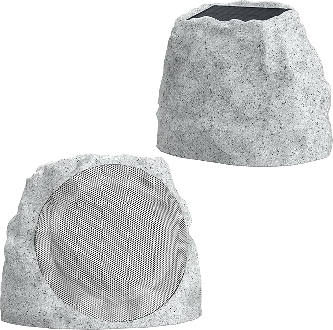 Outdoor Speakers Solar Powered & USB-C Charging Rock Speaker TWS Pairing Wireless Outdoor Speaker Bluetooth 5.4, LED Light Show, Waterproof, ideal for Backyard BBQ, Garden, Poolside (2-Pc,Grey)
