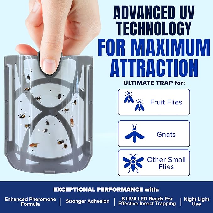 2 Fruit Fly Traps & 10 Adhesive Cartridges, Indoor Plug-in Bug Catcher, UV Light Fly Trap Captures Fruit Flies, Gnats, Houseflies, Moths, and Flying Insects for Kitchen, Bathroom, Plant Areas