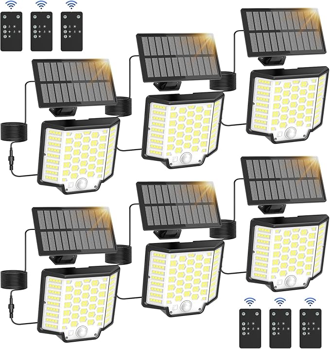 Solar Lights for Outside, 6-Pack 186 LED Outdoor Lights with Remote Control, Dusk to Dawn 2500LM Flood Lights, IP65 Waterproof Solar Wall Light with Motion Sensor for Yard,Patio,Garden,Garage