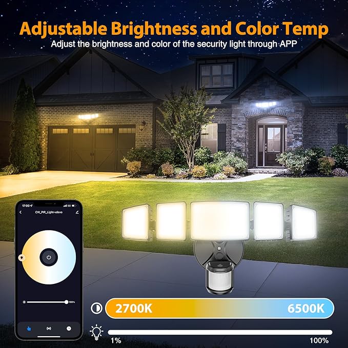 Onforu 5 Heads 120W Smart LED Security Lights Motion Sensor Outdoor, 340° Illumination WiFi Alexa Flood Light 12000LM APP Control, 2700K-6500K Exterior Motion Detector, IP65 Wall Light for Yard, Balck