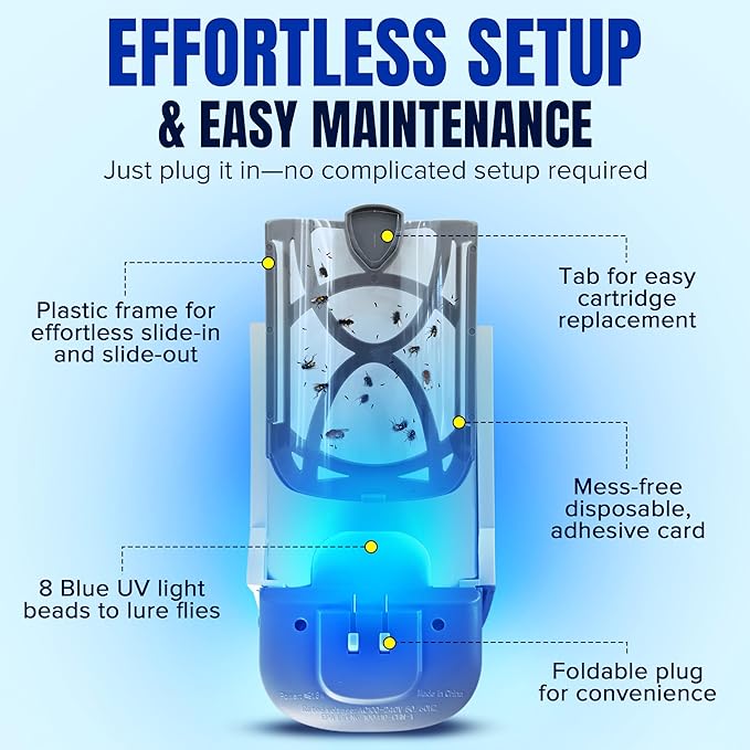 2 Fruit Fly Traps & 10 Adhesive Cartridges, Indoor Plug-in Bug Catcher, UV Light Fly Trap Captures Fruit Flies, Gnats, Houseflies, Moths, and Flying Insects for Kitchen, Bathroom, Plant Areas