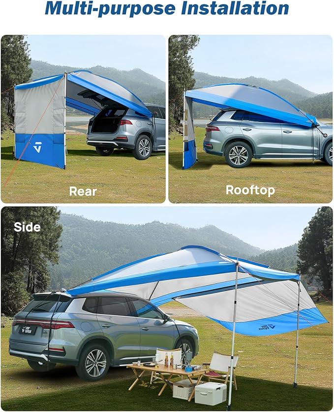 JOYTUTUS Versatile Vehicle Awning with 3 Removable Sides, Large Car Awning 11.5FT * 7.9FT, UV50+ and Waterproof PU2000mm Truck Canopy, SUV Camping Sunshade with 8 Storage Pockets