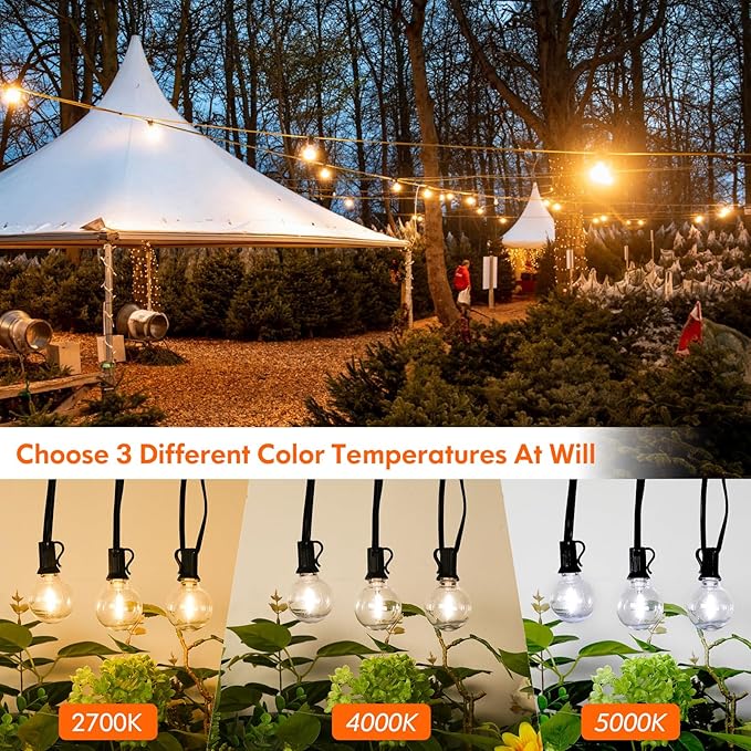200FT LED Outdoor String Lights with 3 Color Lights, Dimmable String Lights for Outside with Remote, G40 Globe Waterproof Patio Lights with 100 Shatterproof Bulbs for Party Backyard BBQ House Camping