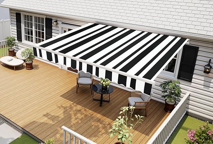 MCombo 13.2x7.8 Feet Manual Retractable Patio Door Window Awning Sunshade Shelter Outdoor Canopy,1308 (White with Black Stripes, 13.2'(L) x 7.8'(W))