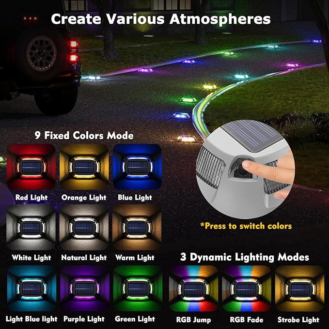 12Pack Aluminum Alloy Solar Driveway Lights, IP68 Solar Deck Light Marine Dock Lights Outdoor Waterproof, Multi-color LED Driveway Markers for Walkway, Path Decor [12Modes - Strobe/RGB/Fix-color]