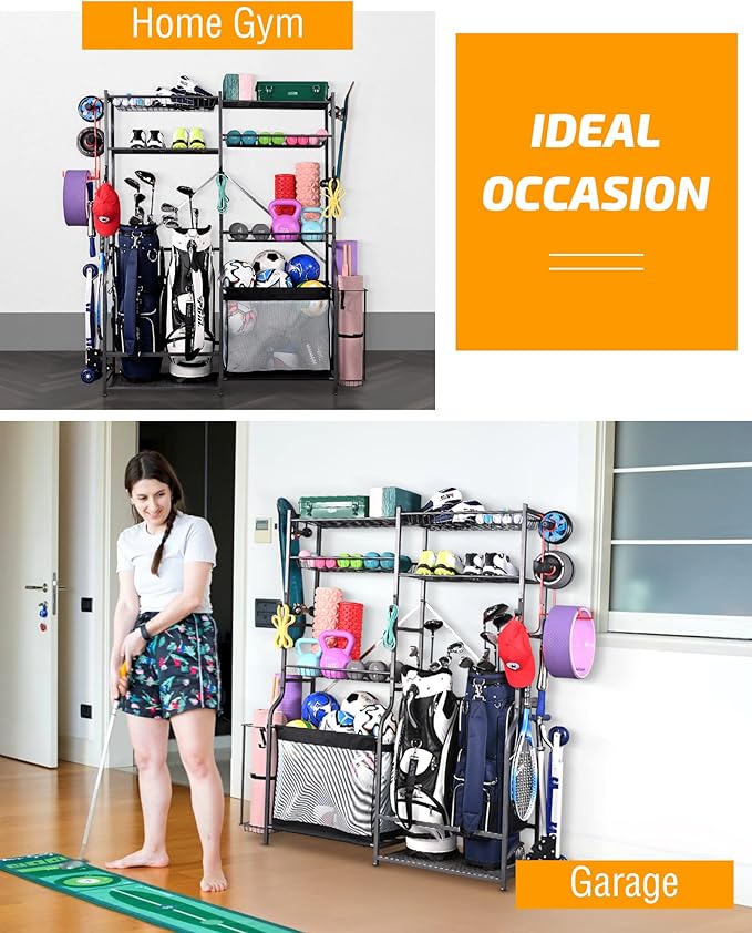 PLKOW Golf Storage Ball Rack Garage Organizer, 2 Golf Bag Organizer and Other Sports Equipment Organizer for Garage, Extra Large Size Sports Storage Rack for Garage