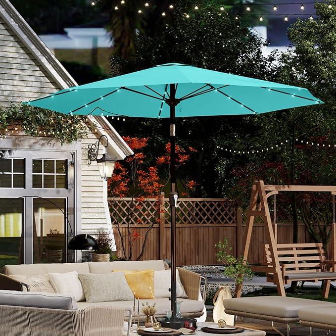 10FT Solar Umbrella 32 LED Lighted Patio Umbrella Table Market Umbrella w/Tilt and Crank, UV-Resistant Outdoor Umbrella for Pool, Garden, Deck, Aqua Blue