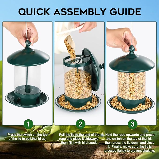 Metal Bird Feeders for Outdoors Hanging, 1.8 Lb Capacity Weather Resistant Wild Bird Feeder with 360 Degree Feeding Tray, Green