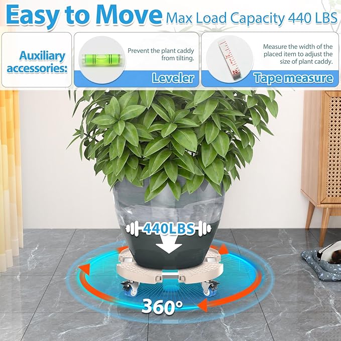 VANCASTLE Plant Caddy with Lockable Wheels Heavy Duty 450lbs Capacity, 15-22 Inch Adjustable Plant Stand with Wheels Rolling base, Plant Dolly for Flower Pot Mover Indoor Outdoor, Beige, 2 Pack