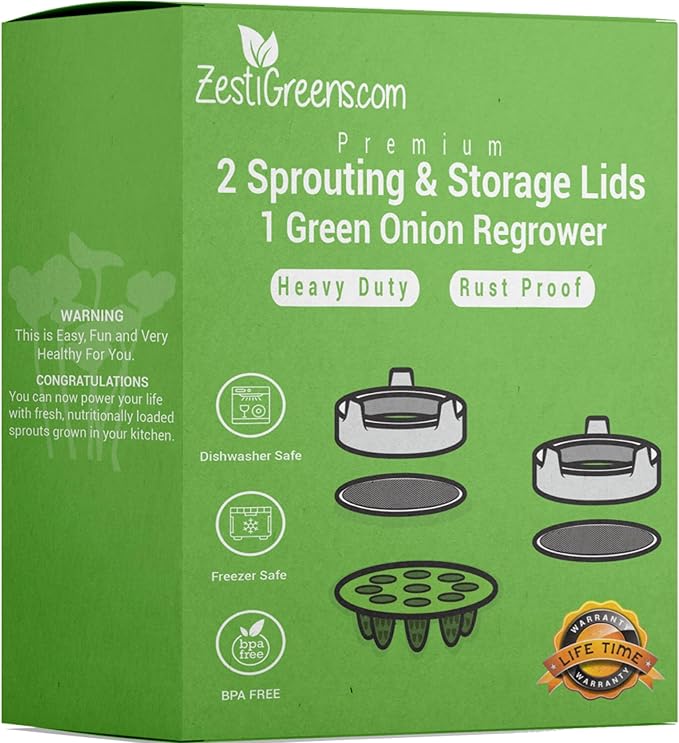 Sprouting Lids & Green Onion Regrower for Wide Mouth Mason Jars. Sprouts Growing Kit for Bean Sprouts, Broccoli Organic Sprouts
