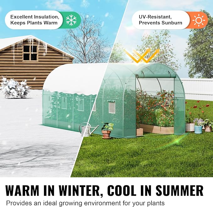 VEVOR Walk-in Tunnel Greenhouse, 14.6x6.4x6.3 ft Hoop House Greenhouse Tunnel, Plant Hot House with Galvanized Steel Frame, Green PE Cover, Roll-up Zipper Door and 8 Windows for Outdoor