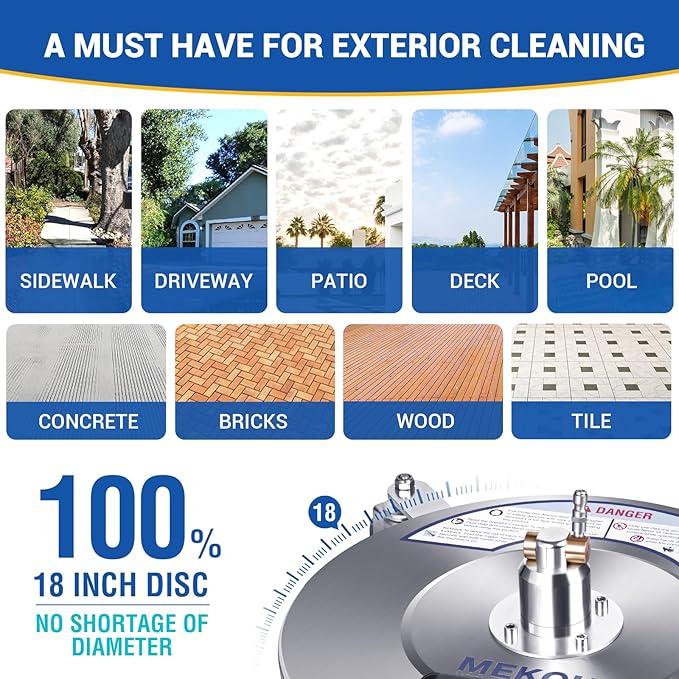 MEKOH 18" Pressure Washer Surface Cleaner 4500 PSI，4 Wheels Stainless Steel Power Washer Attachment for Driveway Sidewalk Patio Concrete Cleaning, 1/4'' Quick-Connect, 1 Extension Wand&5 Spray Nozzles