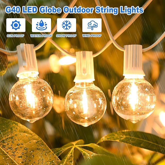 Outdoor G40 LED Globe String Lights 50FT Dimmable Shatterproof Waterproof Patio Lights with 25+2 Bulbs Connectable Commercial Hanging Light for Patio Balcony Backyard Party (White Wire)