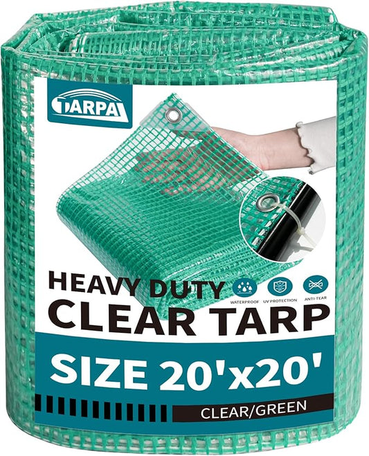 TARPAL 20'x20' Clear Green Tarp Heavy Duty Waterproof 12mil with Grommets or Zip Ties for Large Greenhouses for Outdoors Garden,Farm,Chicken Coops