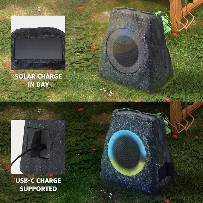 2-Pack Rock Speakers Outdoor Water-Resistant Solar Powered Patio Speaker with 3 Mode Lights and Pair System and USB Rechargeable for Pool Outside Garden Yard Deck