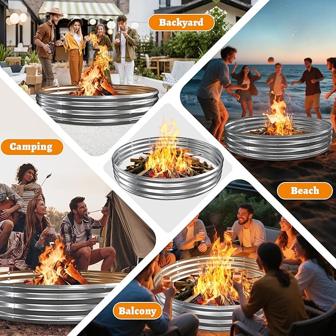 Metal Fire Pit Ring/Bonfire Fire Ring- 6 FT Diameter, 0.7 MM Thick,1 ft High, Durable and Stylish for Outdoor Fire Pits,Patios and Camping (Silver, 6X6X1 ft)