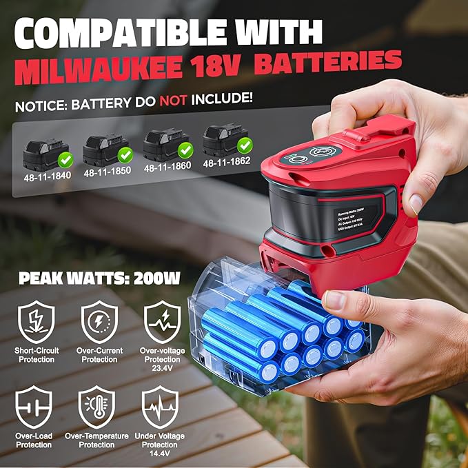 2PCS 200W Power Inverter for Milwaukee, DC 18V to AC 110-120V Battery Inverter, Portable Battery Adapter Phone Charger Converter with 2 USB & 1 Type-C & 1 AC Outlet for Camping Essentials (Tool Only)