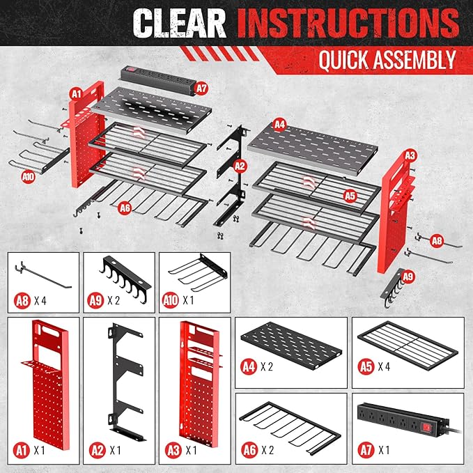 Heavy Duty Power Tool Organizer Wall Mount with Charging Station, Large Garage Organization with 10 cordless Drill Holder, 4 Layers Tool Organizers and Storage, Tool Rack with 6 Power Strip, Red