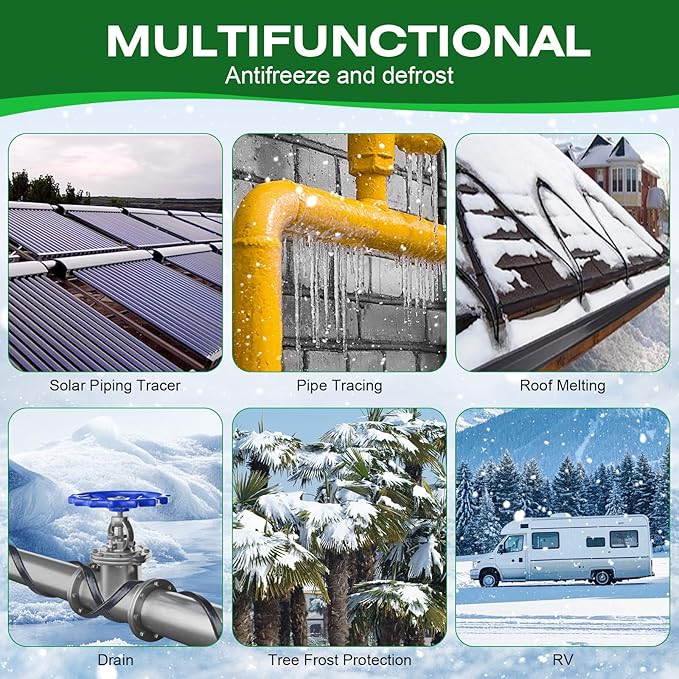 200FT Heat Tape for Water Pipes，-40°F Anti-Freeze De-Icing Heating Tape, Pipe Insulation Heating Cable for Insulation/Roof Snow Removal, Gutter Heating Cable, Heated Water Hose 120V 5W/ft