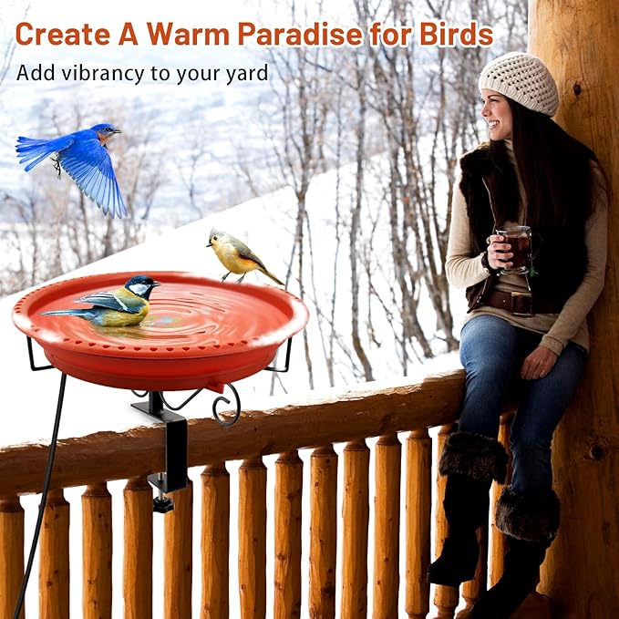 Lovppy Heated Bird Baths for Outdoors for Winter, 100W Heated Bird Bath Water Heater with Thermostatically Controlled, Heated Bird Bath for Deck Railing Outside Garden Patio Yard (Brown)