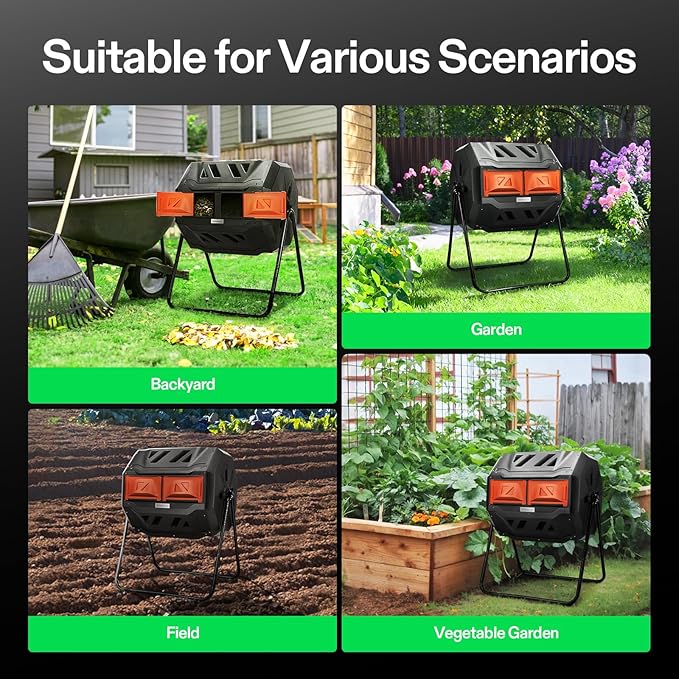 VIVOSUN Outdoor Tumbling Composter Dual Rotating Batch Compost Bin, 43 Gallon Orange Door