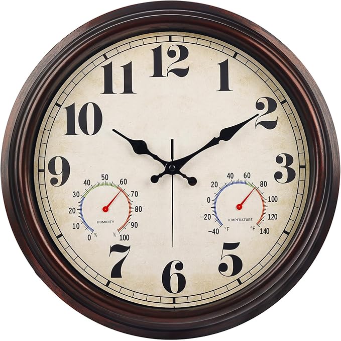 JENLYSTIME 16 Inch Dark Brown Vintage Wall Clock with Thermometer & Hygrometer - Waterproof Decorative Indoor/Outdoor Clock with Large Numerals & Silent Sweep Movement - Ideal for Porch, Garden, Pool