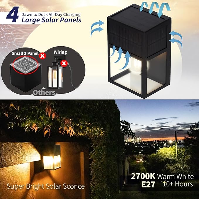 Outdoor Solar Wall Lights, Exterior Waterproof Lanterns, Stainless-Steel & Tempered Glass Shades, Modern Matte Black Porch Wall Sconce for Front Door Entryway, Yard, Warm White 2Pk